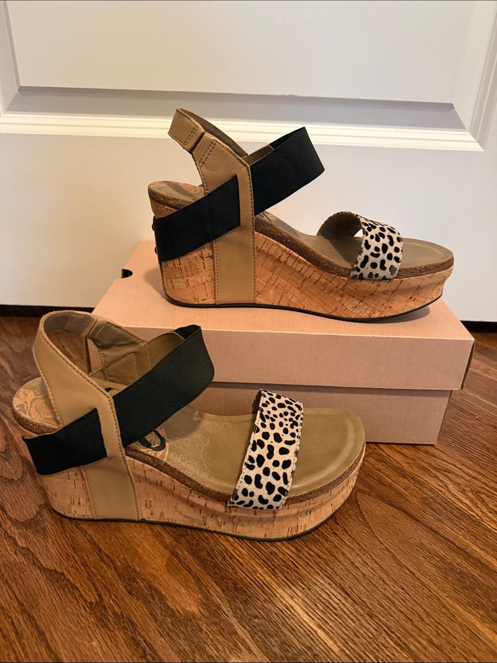 OTBT Bushnell Wedge Sandals Leopard w/Cork Platform - Tan/Black Sz 9.5 Lk New